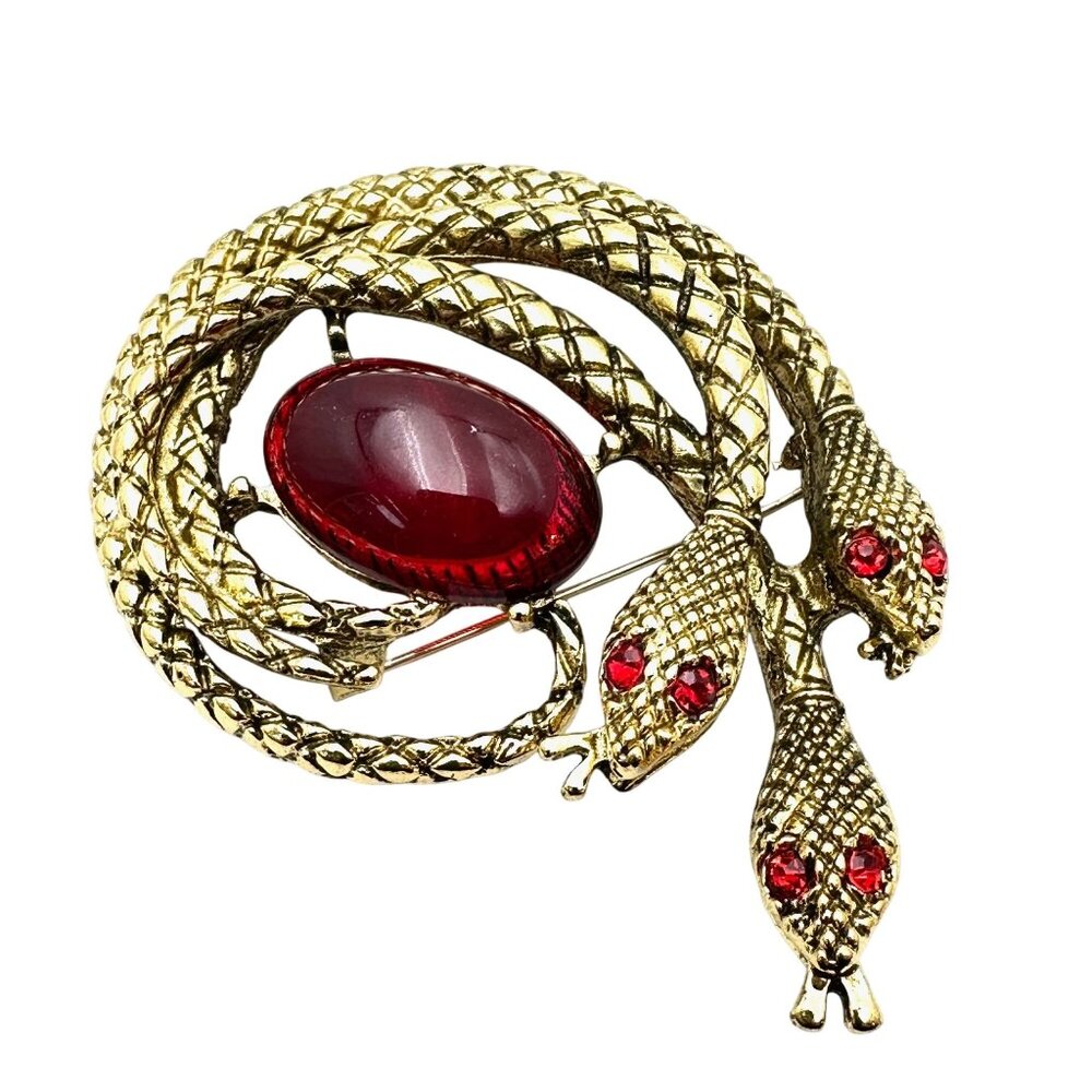 Womens Snake Brooch Pin Gold Tone Red Cabochon Vintage Style